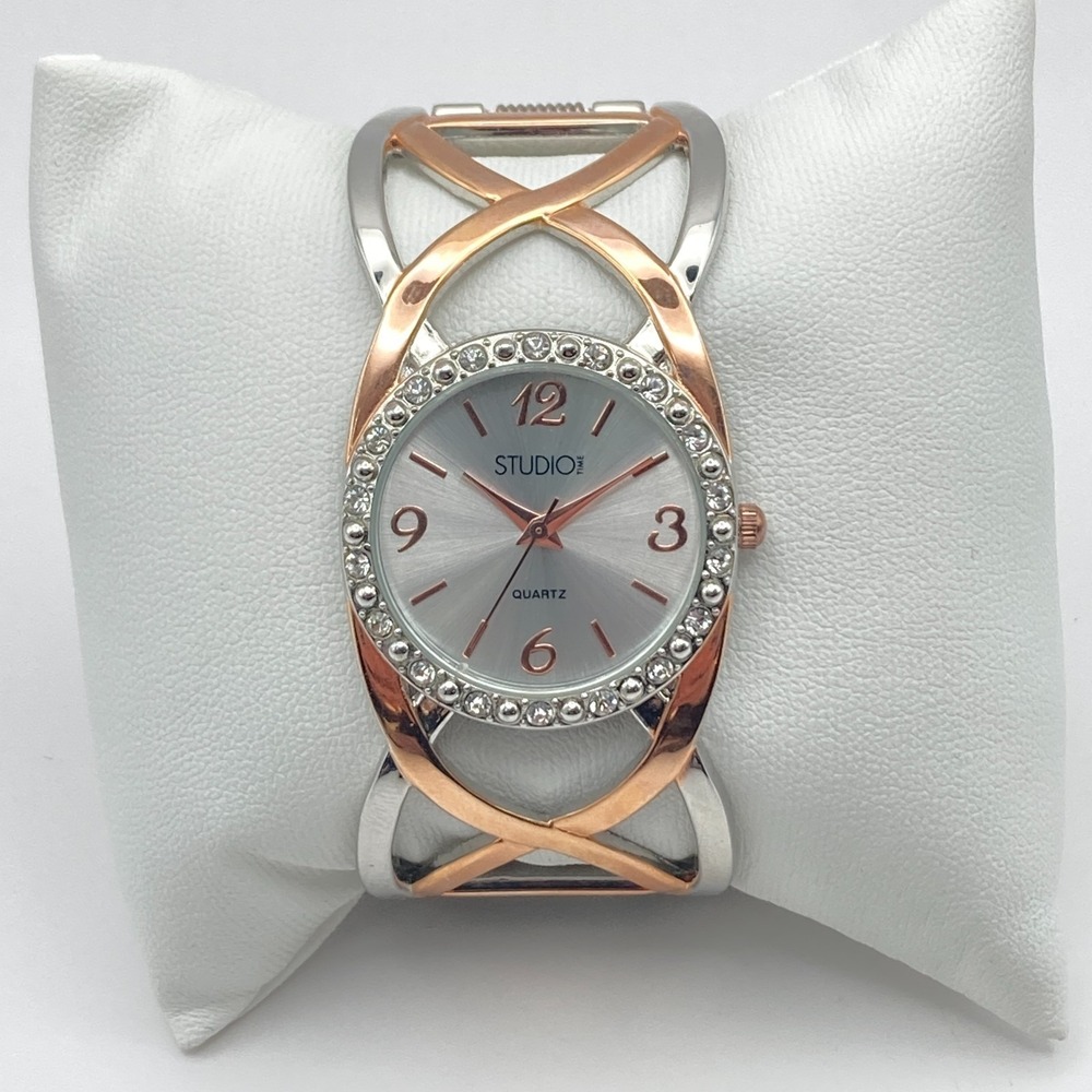 Studio Time Womens Watch 30mm Silver Rose Gold Tone Cuff Crystals New Battery